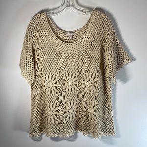 Roz & Ali crocheted sweater short sleeve oatmeal color bohemian size 2X